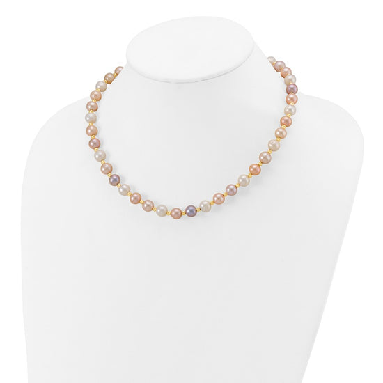 14k 8-9mm Pink/Purple/White Semi-Round Freshwater Cultured Pearl and Diamond-cut Beaded 18 inch Necklace