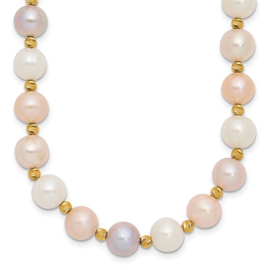 14k 8-9mm Pink/Purple/White Semi-Round Freshwater Cultured Pearl and Diamond-cut Beaded 18 inch Necklace