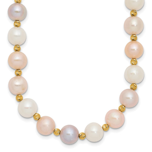 14k 8-9mm Pink/Purple/White Semi-Round Freshwater Cultured Pearl and Diamond-cut Beaded 18 inch Necklace