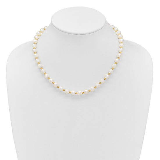 14k 8-9mm White Near-Round Freshwater Cultured Pearl and Diamond-cut Beaded 18 inch Necklace