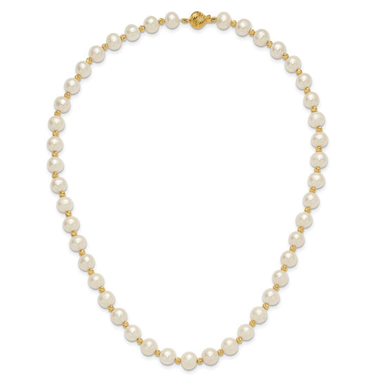 14k 8-9mm White Near-Round Freshwater Cultured Pearl and Diamond-cut Beaded 18 inch Necklace