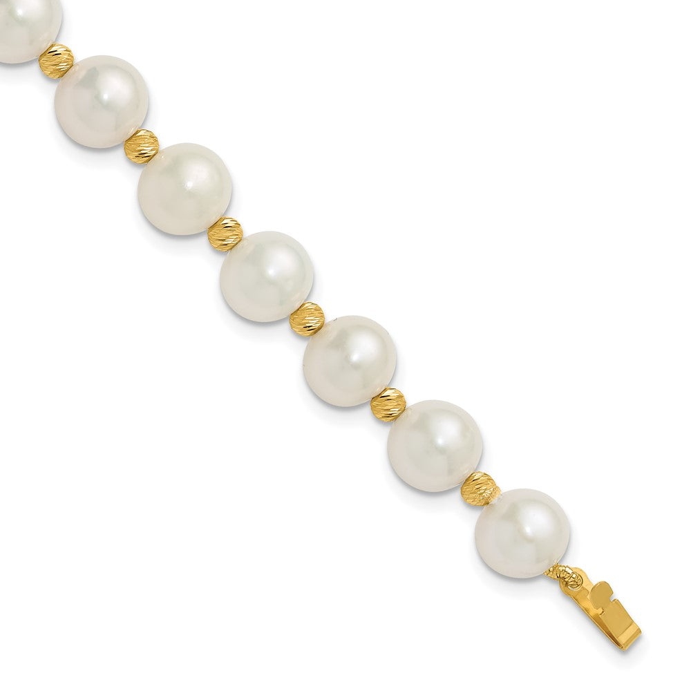 14k 8-9mm White Near-Round Freshwater Cultured Pearl and Diamond-cut Beaded 7.5 inch Bracelet