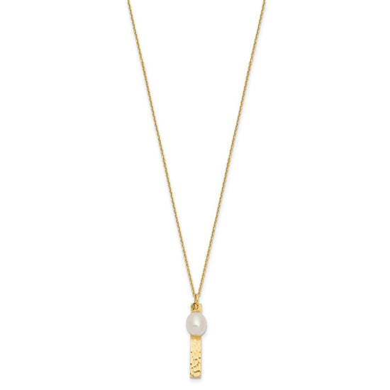 14k Brushed and Hammered 6-7mm White Rice Freshwater Cultured Pearl 17 inch Necklace