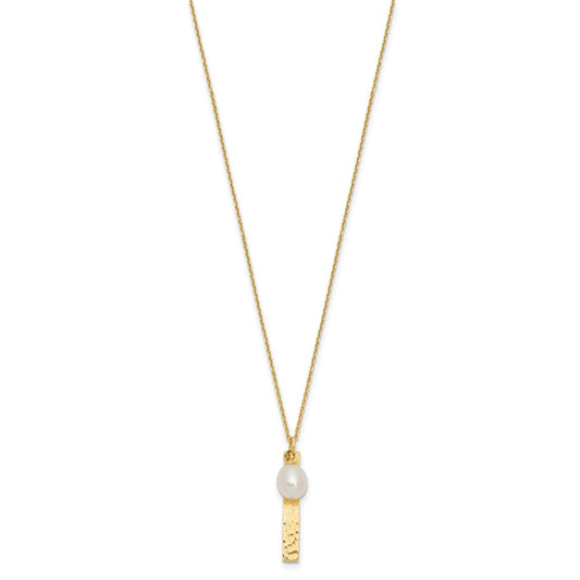 14k Brushed and Hammered 6-7mm White Rice Freshwater Cultured Pearl 17 inch Necklace