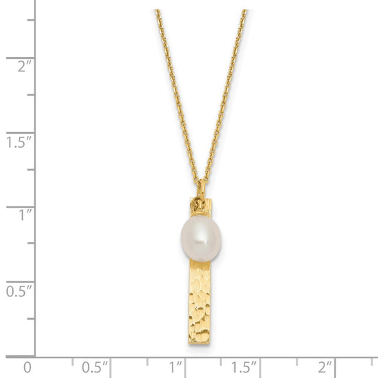 14k Brushed and Hammered 6-7mm White Rice Freshwater Cultured Pearl 17 inch Necklace