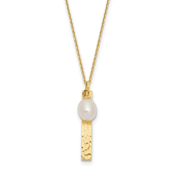 14k Brushed and Hammered 6-7mm White Rice Freshwater Cultured Pearl 17 inch Necklace