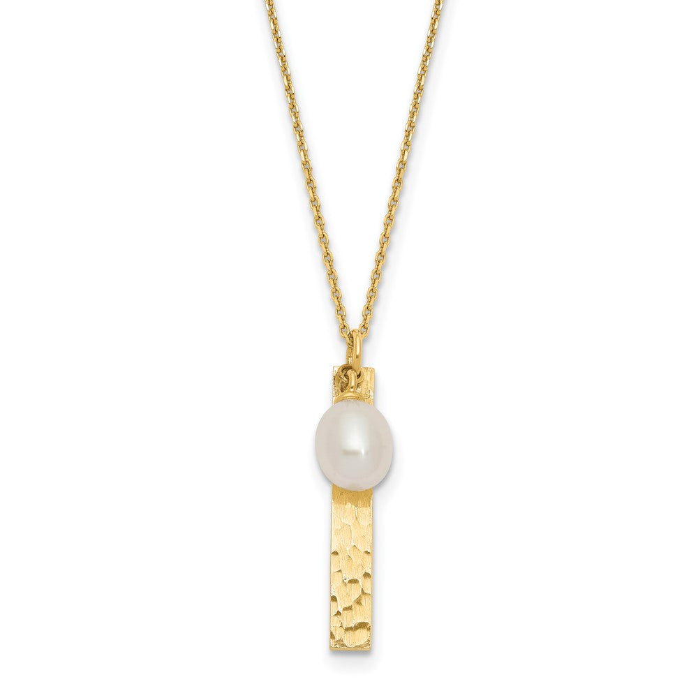 14k Brushed and Hammered 6-7mm White Rice Freshwater Cultured Pearl 17 inch Necklace