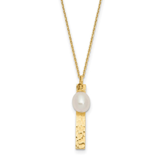 14k Brushed and Hammered 6-7mm White Rice Freshwater Cultured Pearl 17 inch Necklace