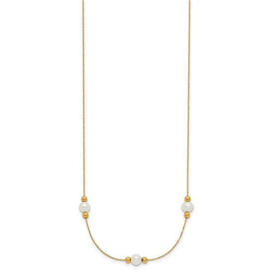 14K Polished White Round Freshwater Cultured Pearl and Bead 3-Station 16 inch Necklace Plus 2 inch Extender