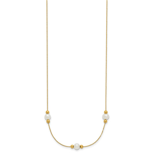 14K Polished White Round Freshwater Cultured Pearl and Bead 3-Station 16 inch Necklace Plus 2 inch Extender