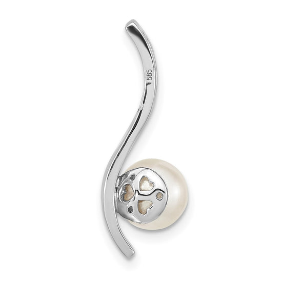 14k White Gold 7-8mm Round White Akoya Saltwater Cultured Pearl and .06 Carat Diamond Chain Slide