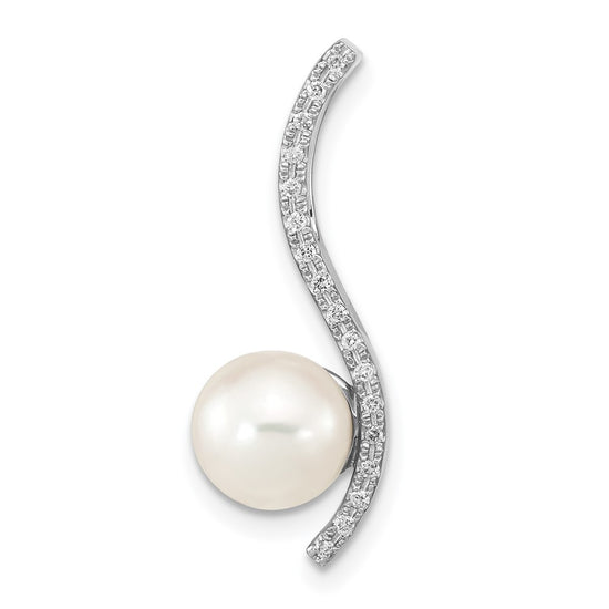 14k White Gold 7-8mm Round White Akoya Saltwater Cultured Pearl and .06 Carat Diamond Chain Slide