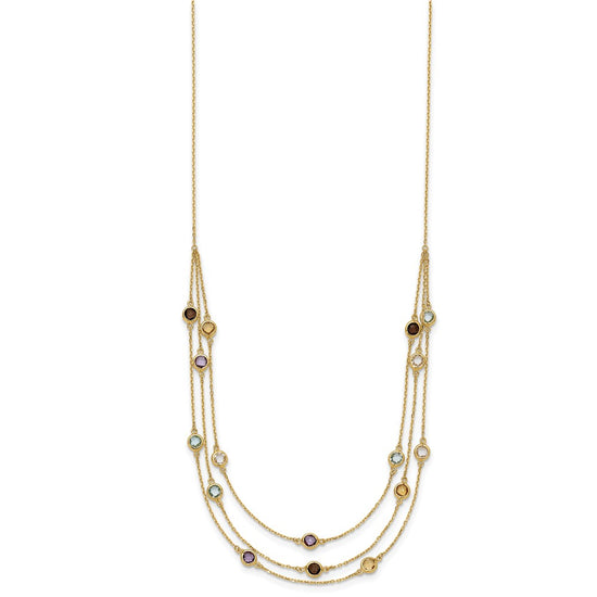 14K Smoky Quartz/White Quartz/Blue Topaz/Citrine/Amethyst 3-strand 17 inch Necklace