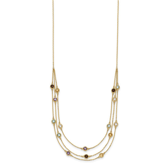 14K Smoky Quartz/White Quartz/Blue Topaz/Citrine/Amethyst 3-strand 17 inch Necklace