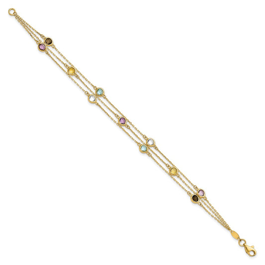 14K Smoky Quartz/White Quartz/Blue Topaz/Citrine/Amethyst 3-strand 7.5 inch Bracelet