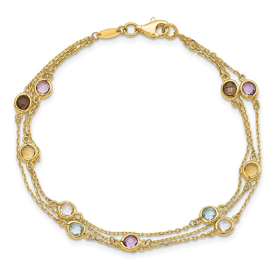 14K Smoky Quartz/White Quartz/Blue Topaz/Citrine/Amethyst 3-strand 7.5 inch Bracelet
