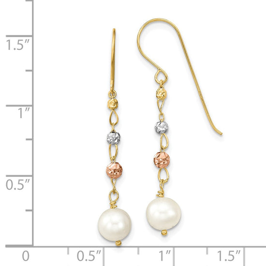 14K Tri-color 6-7mm White Semi-round Freshwater Cultured Pearl and Diamond-cut Bead Shepherd Hook Dangle Earrings