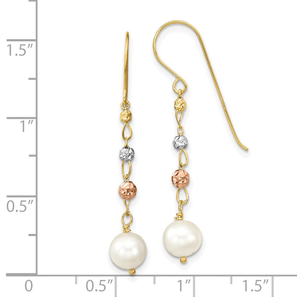 14K Tri-color 6-7mm White Semi-round Freshwater Cultured Pearl and Diamond-cut Bead Shepherd Hook Dangle Earrings