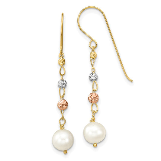 14K Tri-color 6-7mm White Semi-round Freshwater Cultured Pearl and Diamond-cut Bead Shepherd Hook Dangle Earrings