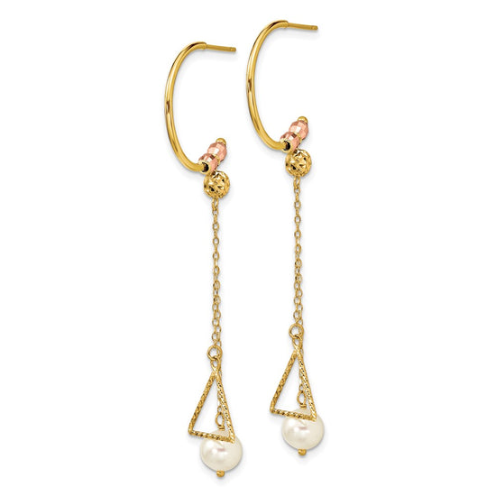 14K Two-tone Half Circle Diamond-cut 6mm FW Cultured Pearl Dangle Earrings