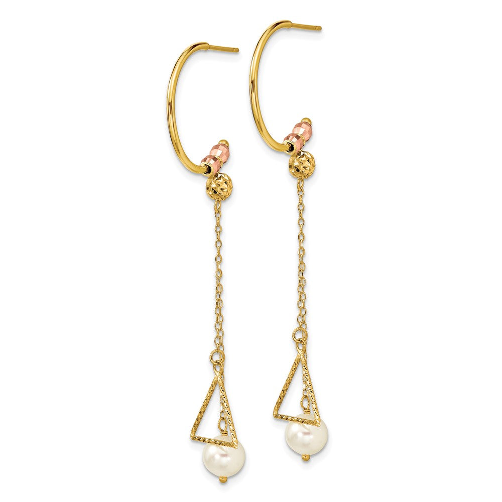 14K Two-tone Half Circle Diamond-cut 6mm FW Cultured Pearl Dangle Earrings