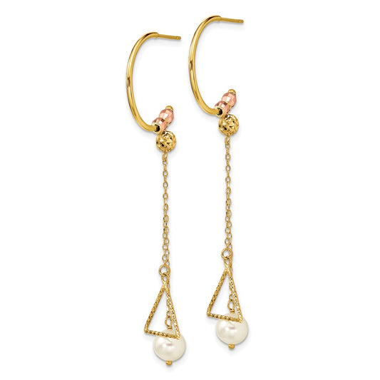 14K Two-tone Half Circle Diamond-cut 6mm FW Cultured Pearl Dangle Earrings