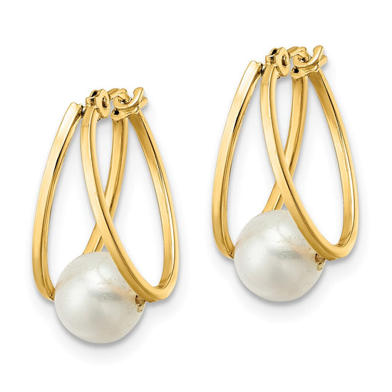 14k Polished 6-7mm Round White Freshwater Cultured Pearl Hoop Earrings