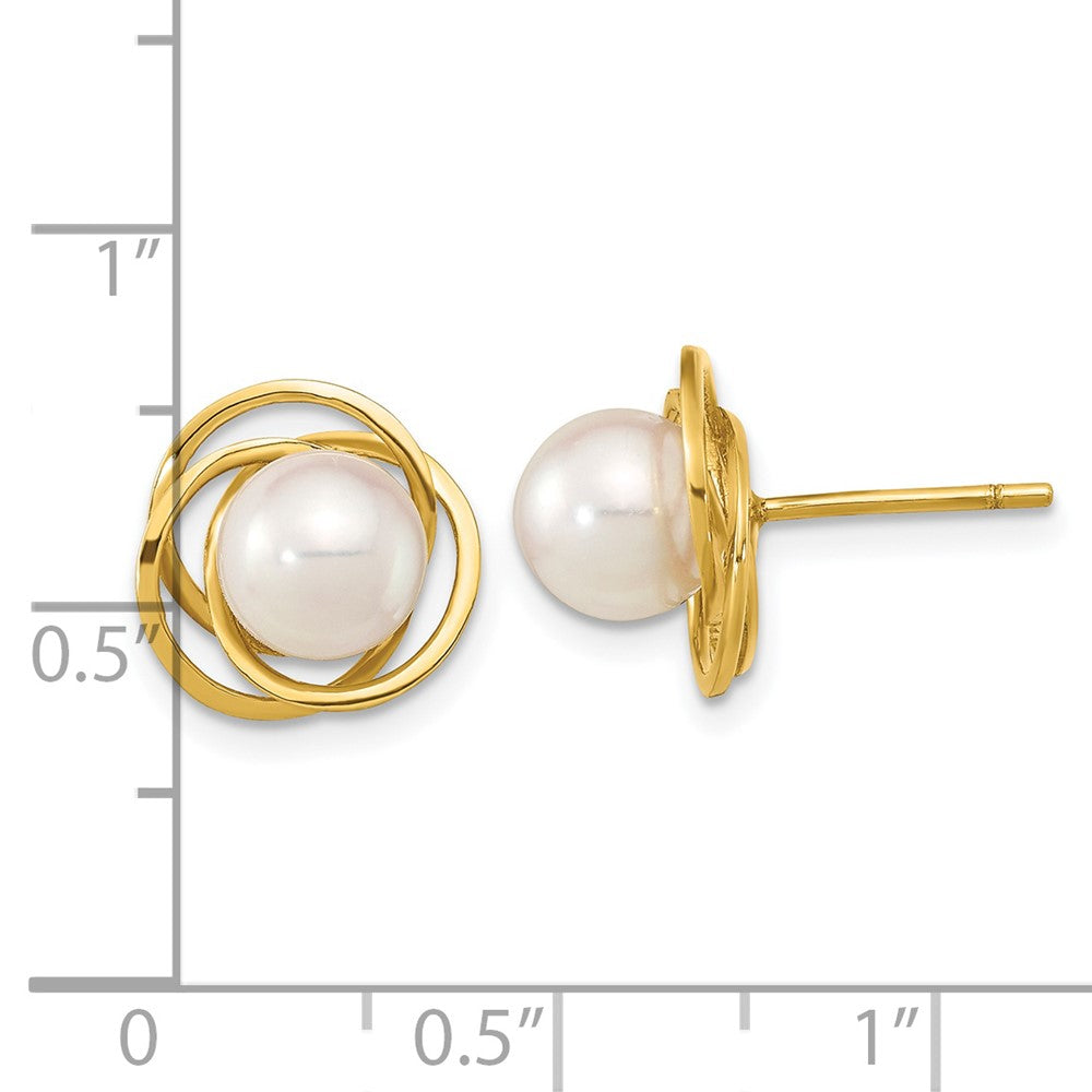 14k 6-7mm White Round Akoya Saltwater Cultured Pearl Love Knot Post Earrings