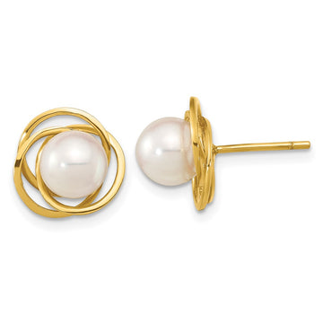 14k 6-7mm White Round Akoya Saltwater Cultured Pearl Love Knot Post Earrings