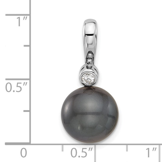 14k White Gold 11-12mm Black Round Tahitian Saltwater Cultured Pearl and .05 Carat Diamond Pendant