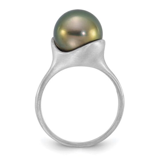 14k White Gold Brushed 10-11mm Round Black Tahitian Saltwater Cultured Pearl Ring