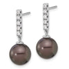 14k White Gold 9-10mm Black Round Tahitian Saltwater Cultured Pearl and .20c Carat Diamond Post Dangle Earrings