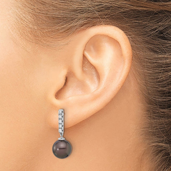14k White Gold 9-10mm Black Round Tahitian Saltwater Cultured Pearl and .20c Carat Diamond Post Dangle Earrings