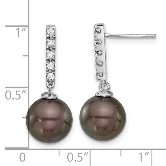14k White Gold 9-10mm Black Round Tahitian Saltwater Cultured Pearl and .20c Carat Diamond Post Dangle Earrings