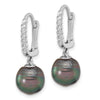 14k White Gold 9-10mm Black Round Tahitian Saltwater Cultured Pearl and .07 Carat Diamond Leverback Dangle Earrings