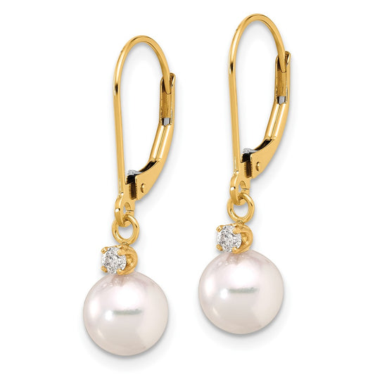 14k 7-8mm White Round Akoya Saltwater Cultured Pearl and .10 Carat Diamond Dangle Leverback Earrings