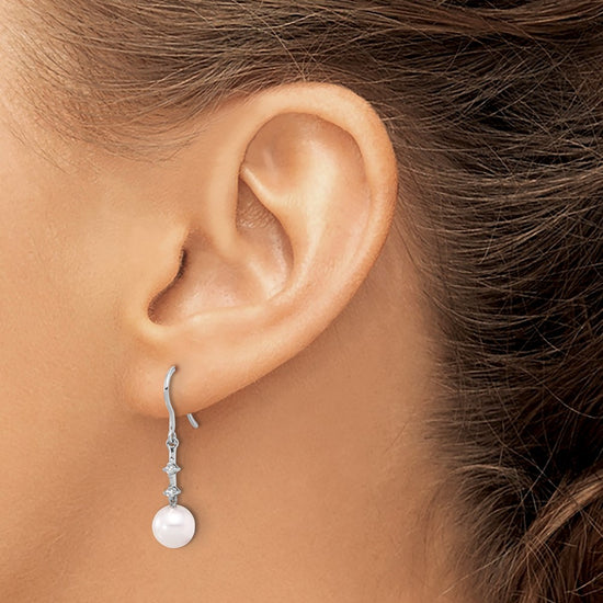 14k White Gold 7-8mm White Round Akoya Saltwater Cultured Pearl and .04 Carat Diamond Shepherd Hook Dangle Earrings