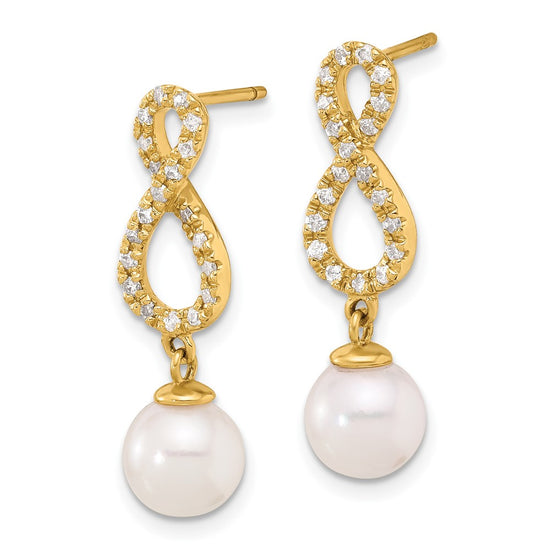 14k 7-8mm White Round Akoya Saltwater Cultured Pearl and .40 Carat Diamond Infinity Post Dangle Earrings