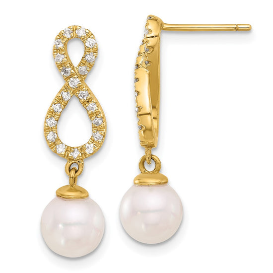 14k 7-8mm White Round Akoya Saltwater Cultured Pearl and .40 Carat Diamond Infinity Post Dangle Earrings