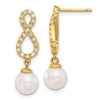 14k 7-8mm White Round Akoya Saltwater Cultured Pearl and .40 Carat Diamond Infinity Post Dangle Earrings