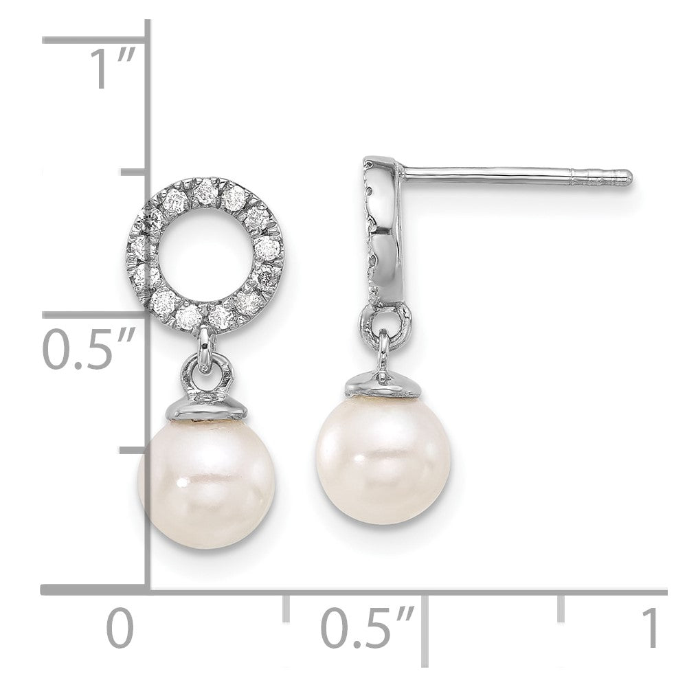 14k White Gold 6-7mm White Round Akoya Saltwater Cultured Pearl and .20 Carat Diamond Post Dangle Earrings