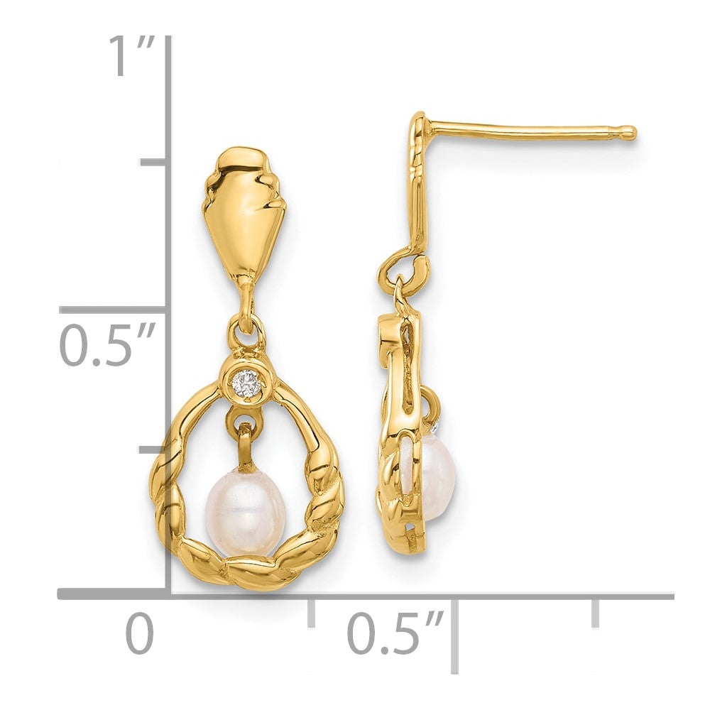 14K 3-4mm Teardrop White FWC Pearl and .02ct Dia Post Dangle Earrings