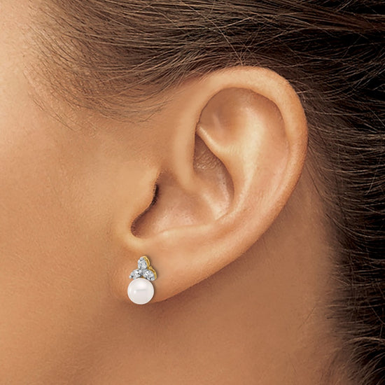 14k 5-6mm White Round Freshwater Cultured Pearl and .06 Carat Diamond Post Earrings
