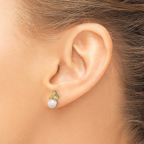 14k 5-6mm White Button Freshwater Cultured Pearl and .06 Carat Diamond Post Earrings