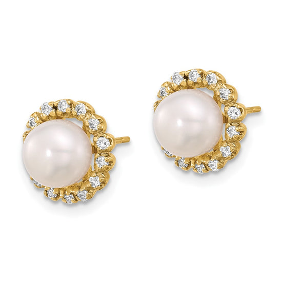 7-8mm Button Freshwater Cultured Pearl and .28ct Dia Post Earrings