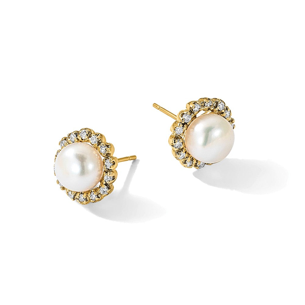 7-8mm Button Freshwater Cultured Pearl and .28ct Dia Post Earrings