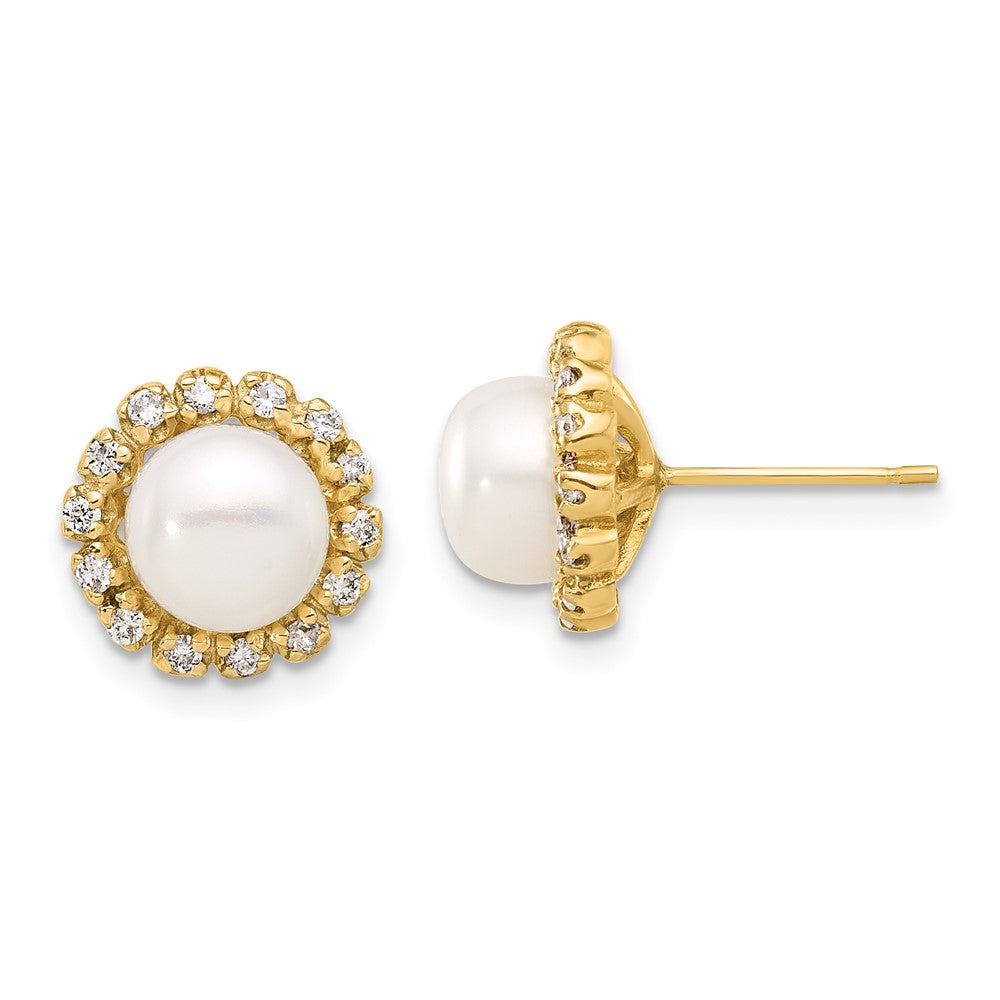7-8mm Button Freshwater Cultured Pearl and .28ct Dia Post Earrings