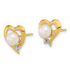 14K 5-6mm Button White FWC Pearl .02ct Diamond Heart Post Earrings
