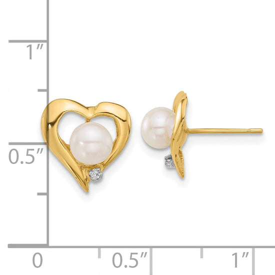 14K 5-6mm Button White FWC Pearl .02ct Diamond Heart Post Earrings