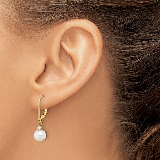 7-8mm FWC Pearl & Diamond Leverback Dangle Earrings